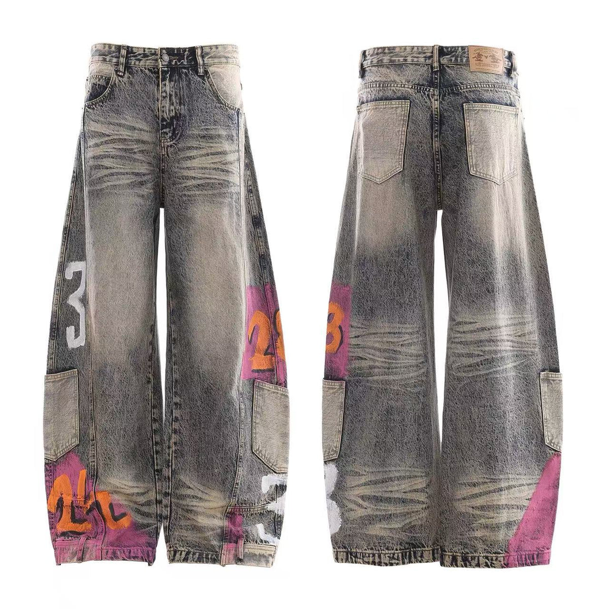 Vintage Washed Graffiti Number Print Multi Patch Pocket Baggy Wide Leg Jeans