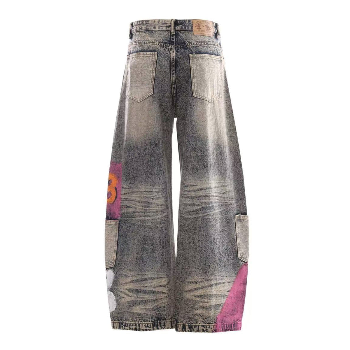 Vintage Washed Graffiti Number Print Multi Patch Pocket Baggy Wide Leg Jeans