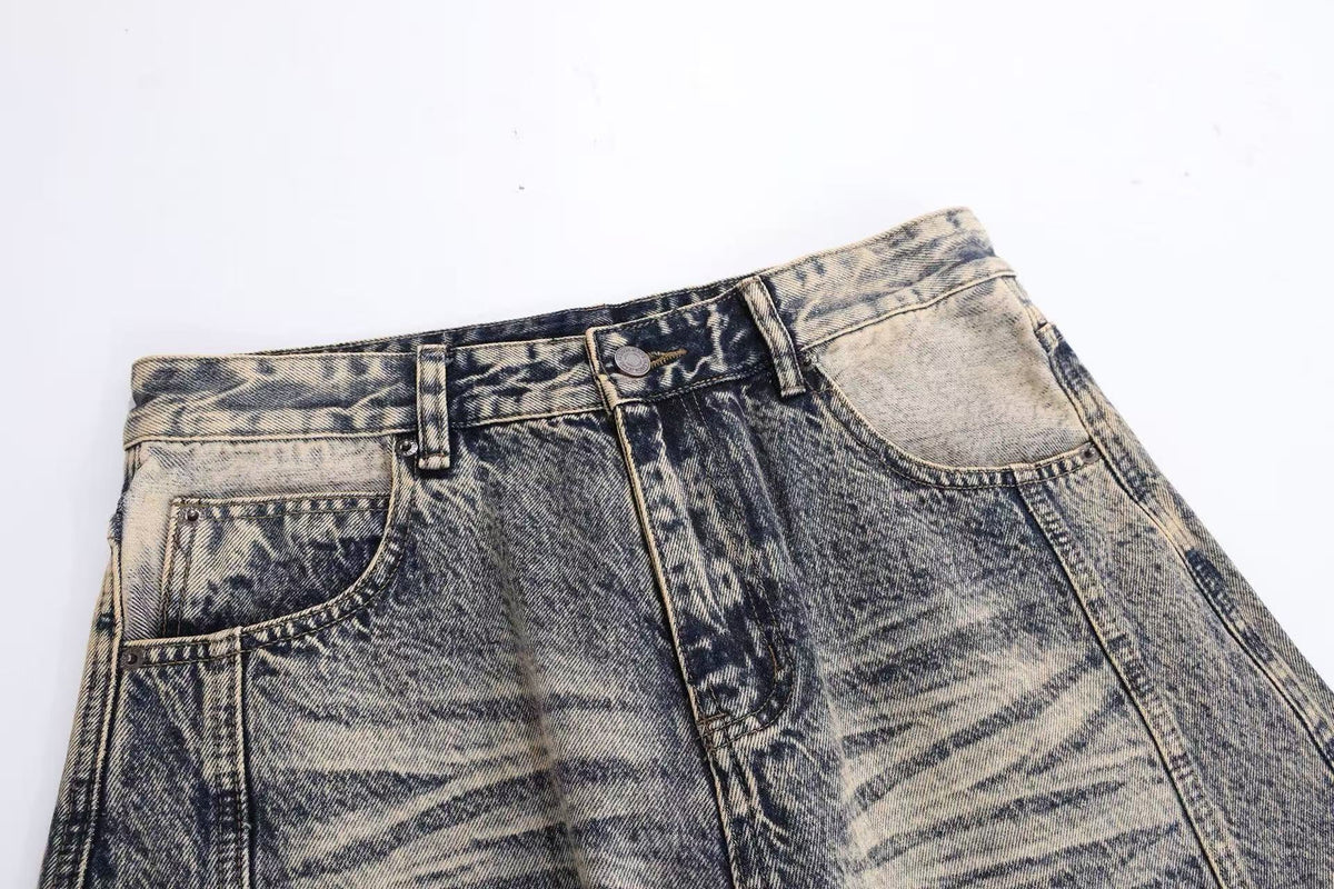 Vintage Washed Graffiti Number Print Multi Patch Pocket Baggy Wide Leg Jeans