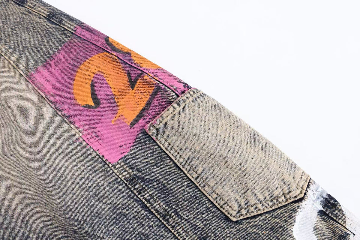 Vintage Washed Graffiti Number Print Multi Patch Pocket Baggy Wide Leg Jeans