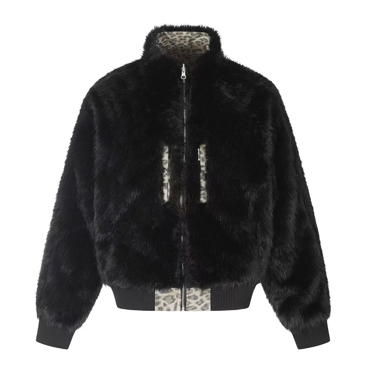 Reversible Leopard Print & Solid Faux Fur Jacket