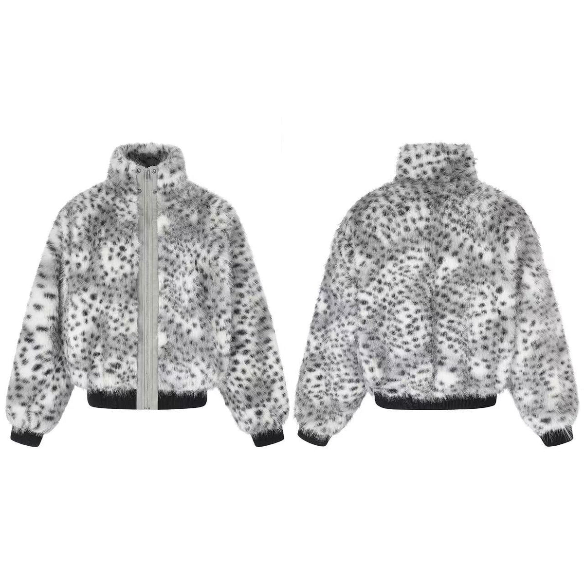 Snow Leopard Print Faux Fur Zip Up Stand Collar Bomber Jacket