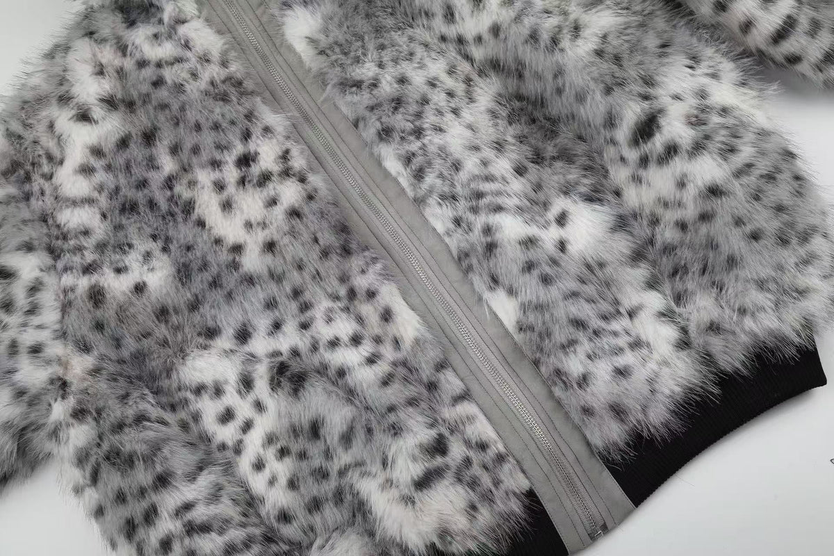 Snow Leopard Print Faux Fur Zip Up Stand Collar Bomber Jacket