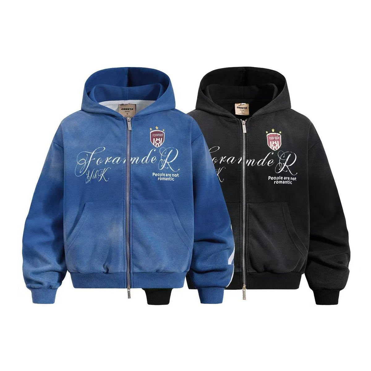 Vintage Washed Distressed Crest Embroidered Letter Print Zip Up Hoodie