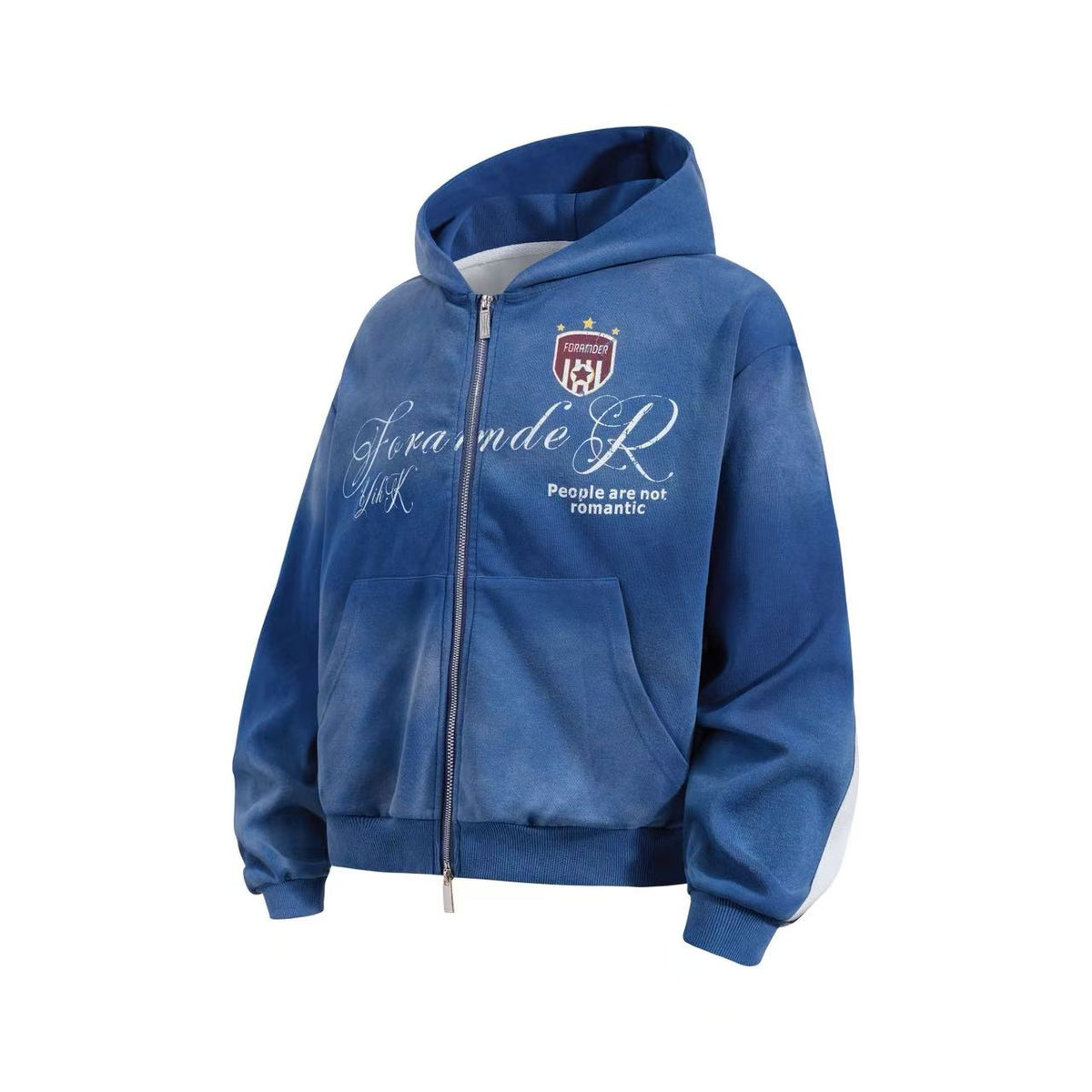 Vintage Washed Distressed Crest Embroidered Letter Print Zip Up Hoodie