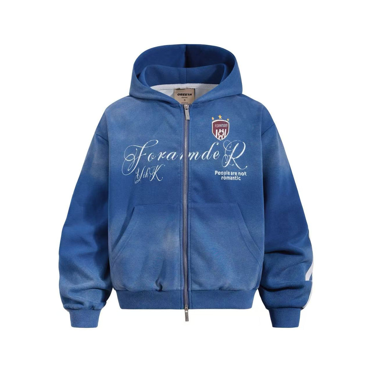 Vintage Washed Distressed Crest Embroidered Letter Print Zip Up Hoodie