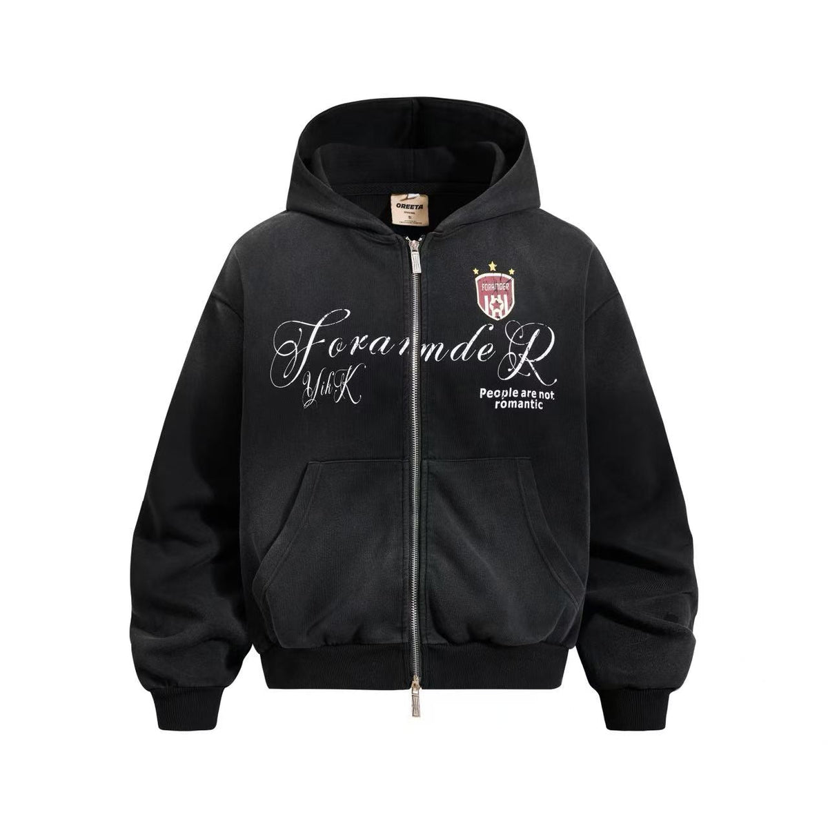 Vintage Washed Distressed Crest Embroidered Letter Print Zip Up Hoodie
