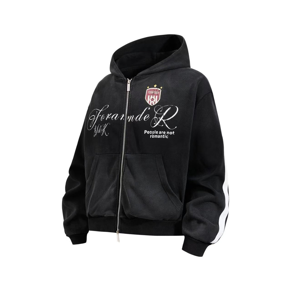 Vintage Washed Distressed Crest Embroidered Letter Print Zip Up Hoodie