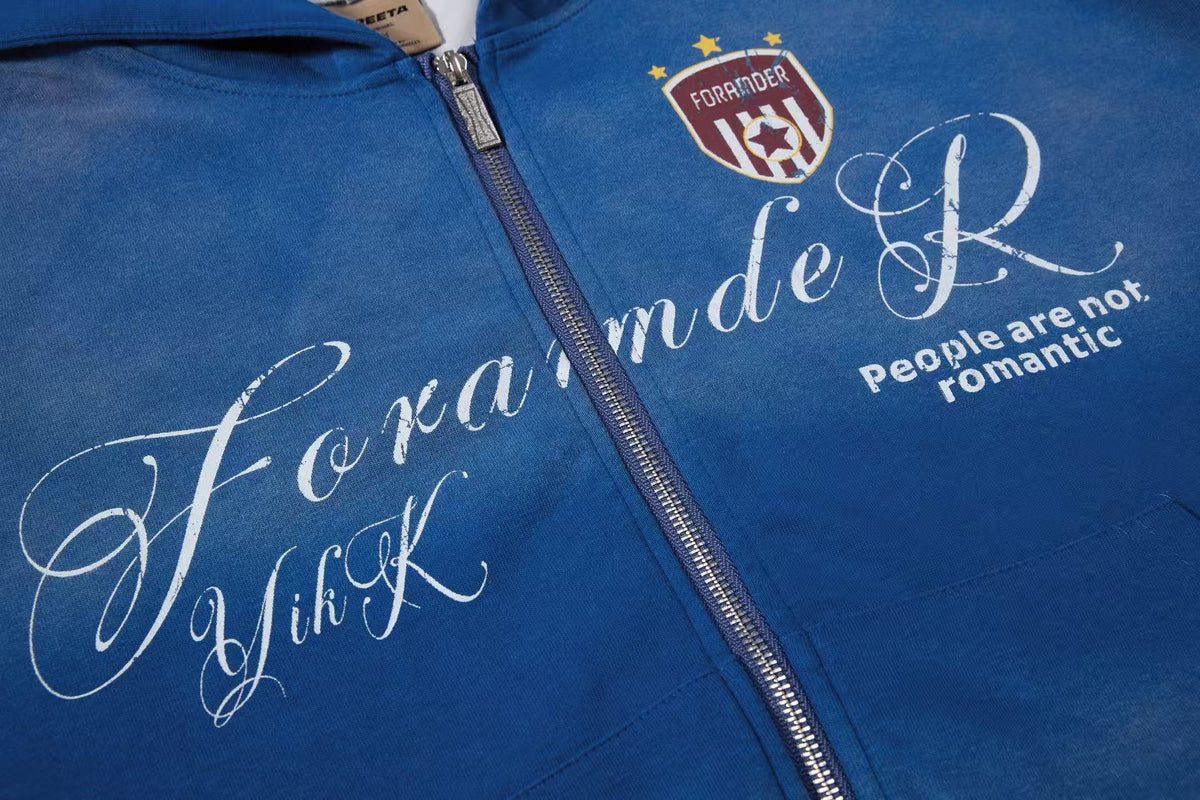 Vintage Washed Distressed Crest Embroidered Letter Print Zip Up Hoodie