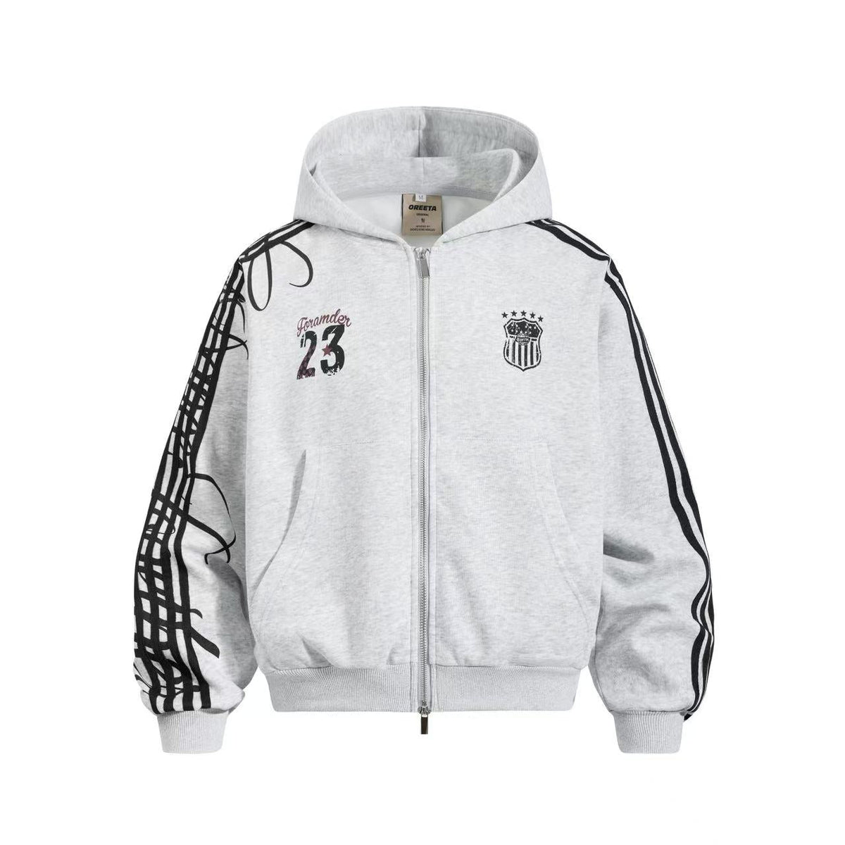 3-Striped Sleeve Graffiti 23 Crest Print Zip Up Hoodie