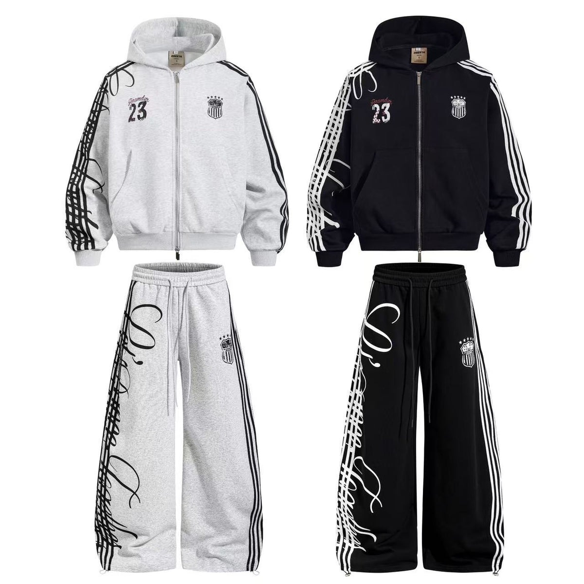 3-Striped Sleeve Graffiti 23 Crest Print Zip Up Hoodie