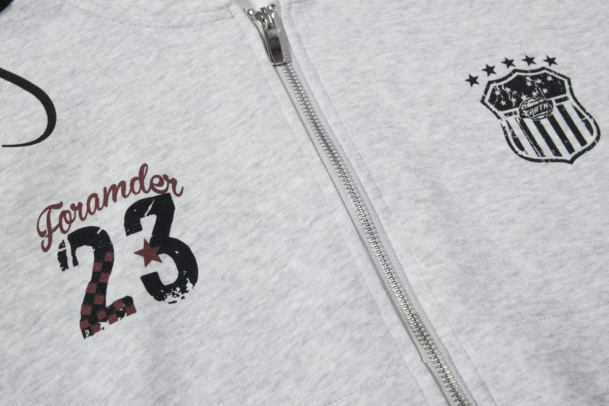 3-Striped Sleeve Graffiti 23 Crest Print Zip Up Hoodie