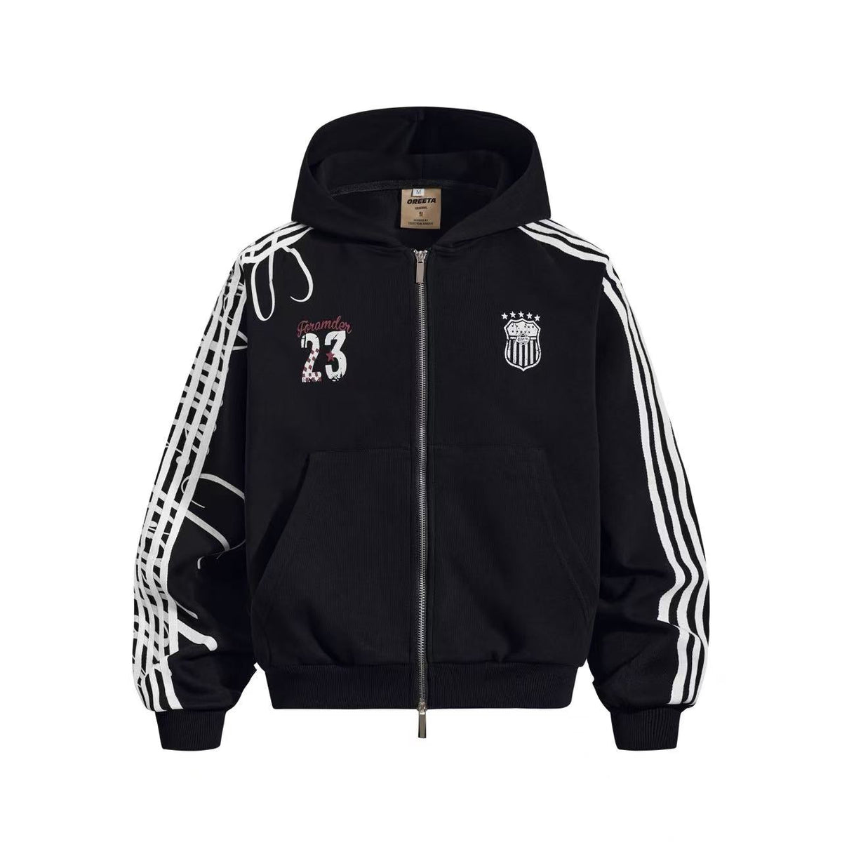 3-Striped Sleeve Graffiti 23 Crest Print Zip Up Hoodie