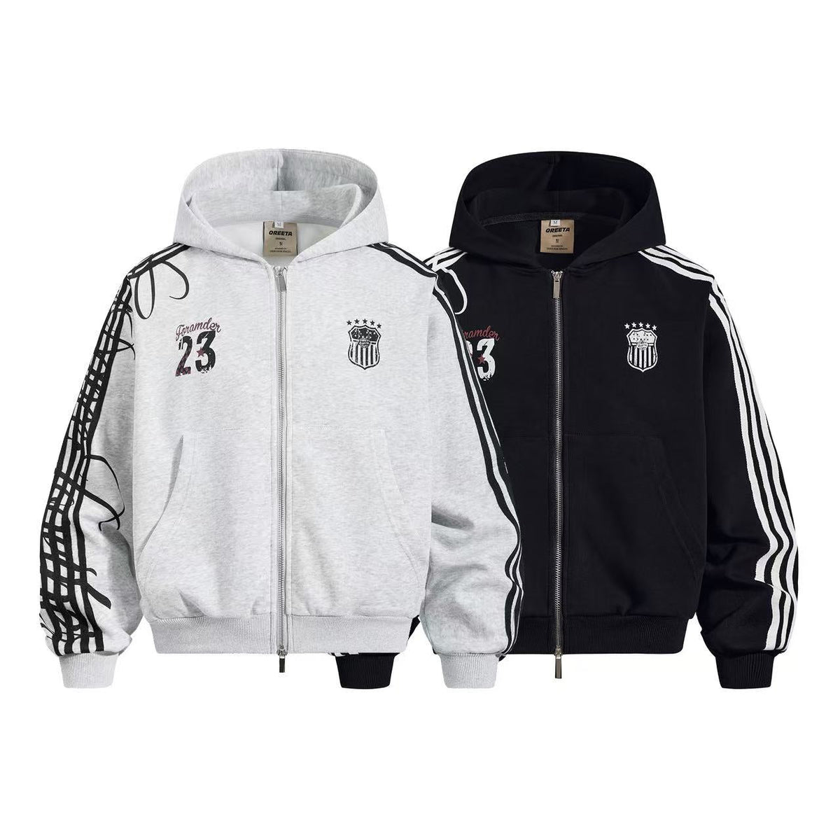 3-Striped Sleeve Graffiti 23 Crest Print Zip Up Hoodie
