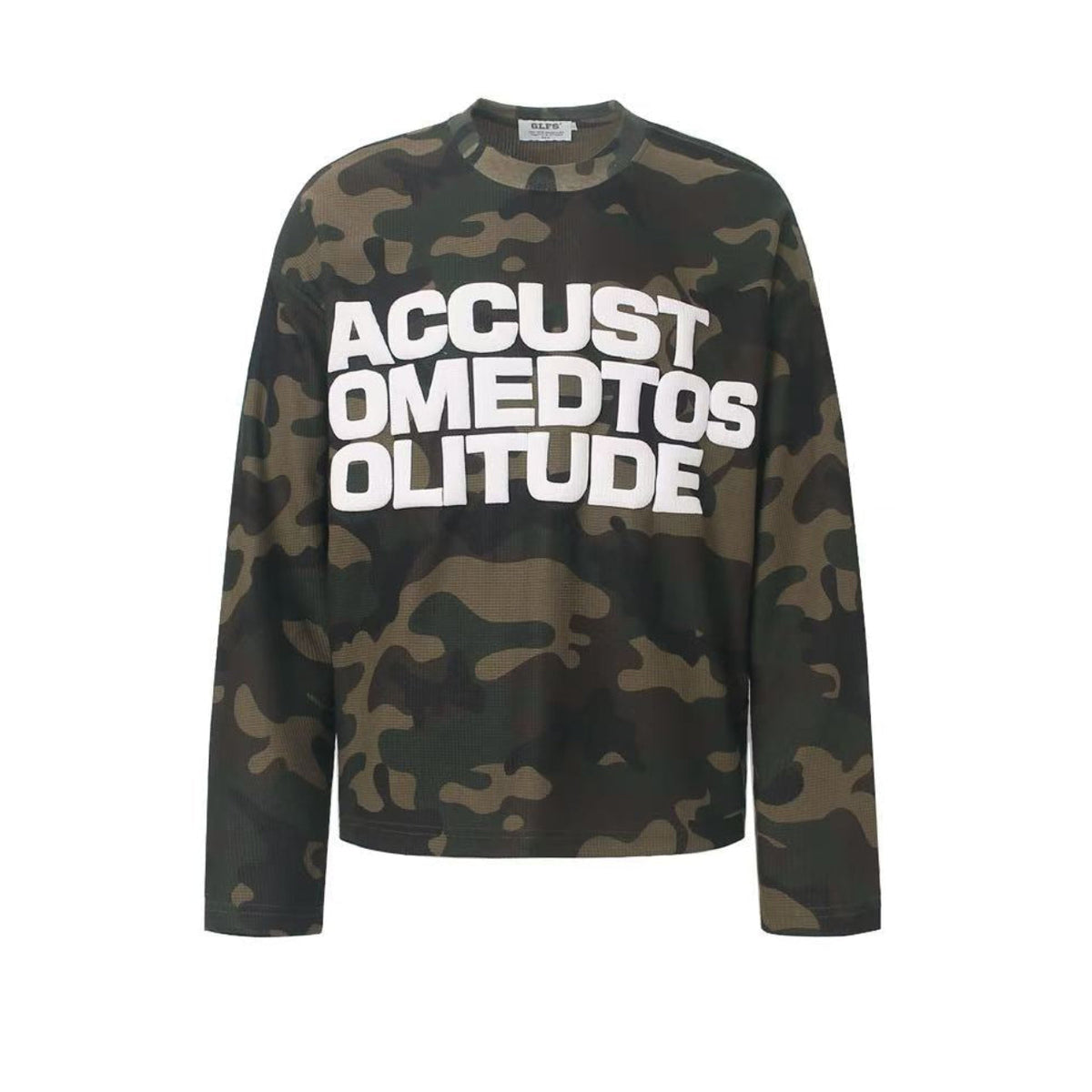 Vintage Camo Front & Back Letter Graphic Waffle Knit Long Sleeve