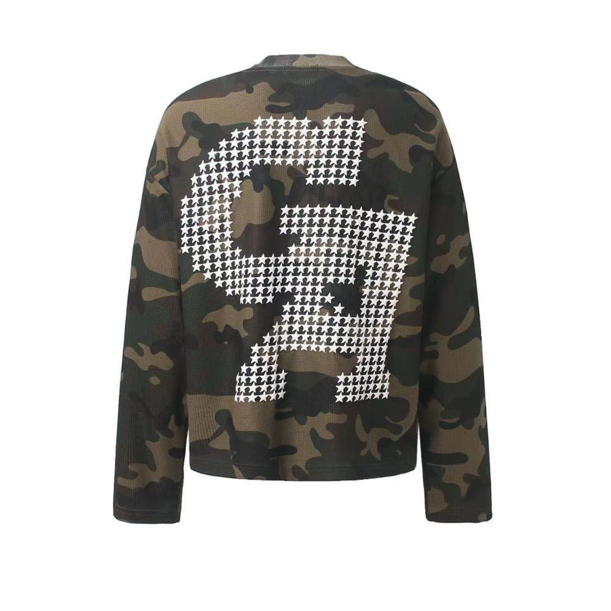 Vintage Camo Front & Back Letter Graphic Waffle Knit Long Sleeve