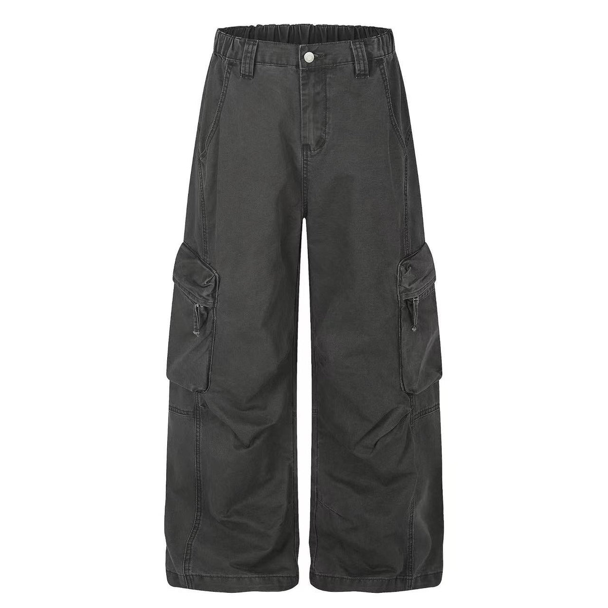 Washed Elastic Back Waist Side Flap Pocket Wide Leg Cargo Pants