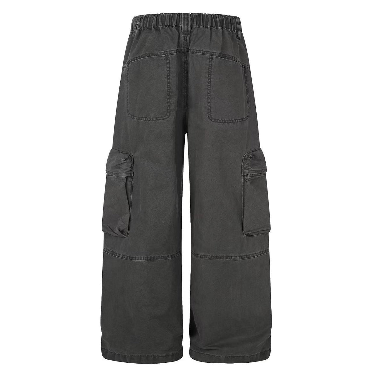 Washed Elastic Back Waist Side Flap Pocket Wide Leg Cargo Pants