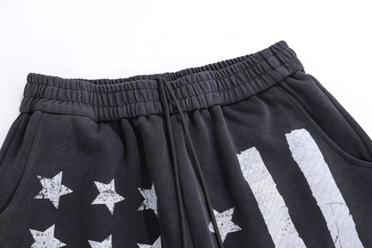 Streetwear Washed Stars and Stripes Print Wide-Leg Sweatpants