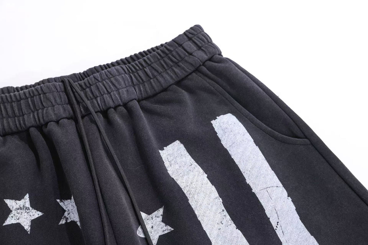 Streetwear Washed Stars and Stripes Print Wide-Leg Sweatpants