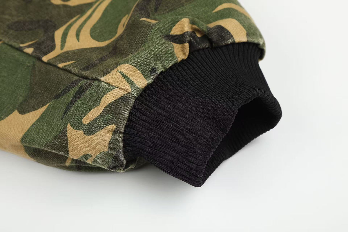 Vintage Camo Detachable Hood Bomber Jacket Zip‑Up Cargo Pocket Flight Jacket