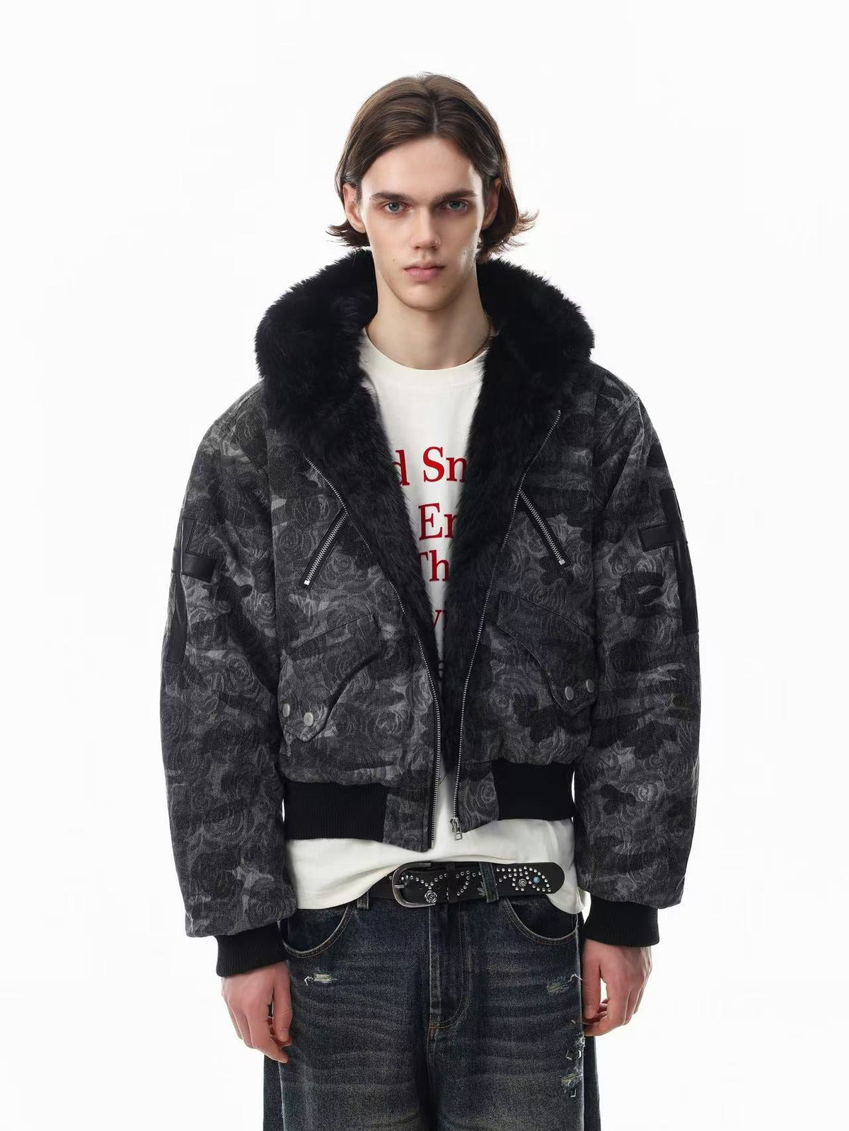 Vintage Rose Camo Faux Fur Hood Bomber Jacket