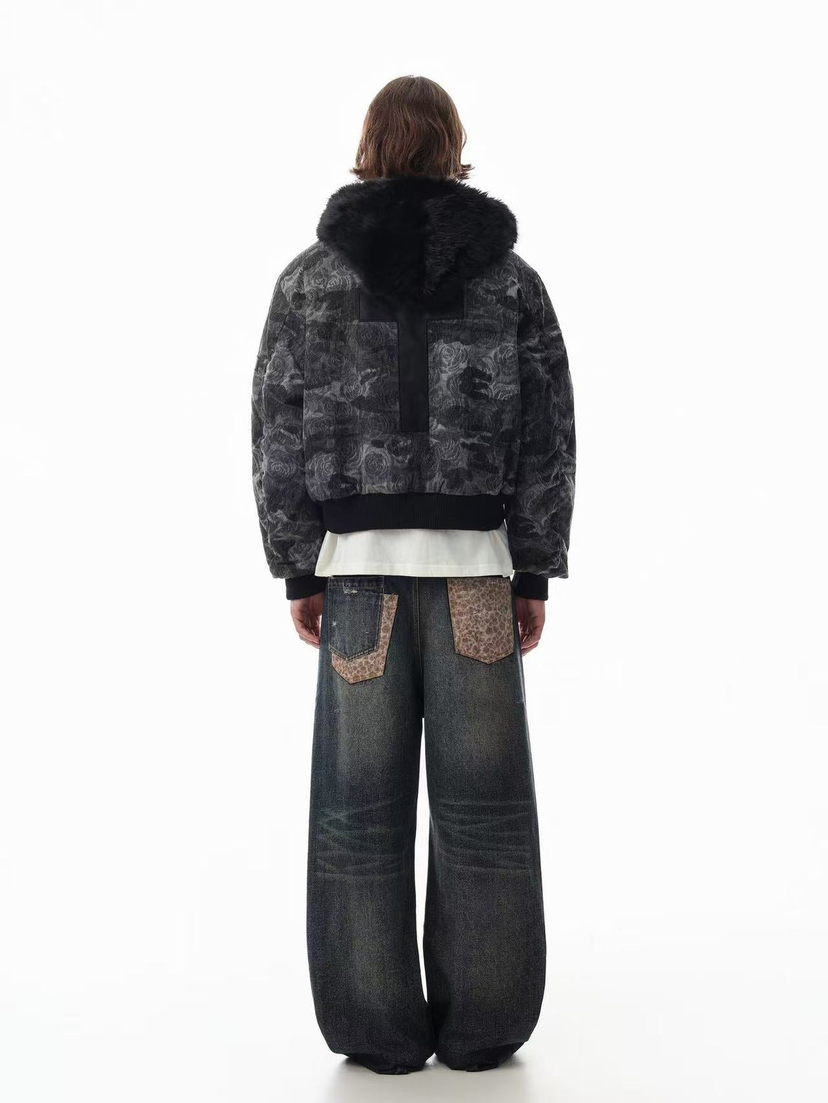 Vintage Rose Camo Faux Fur Hood Bomber Jacket