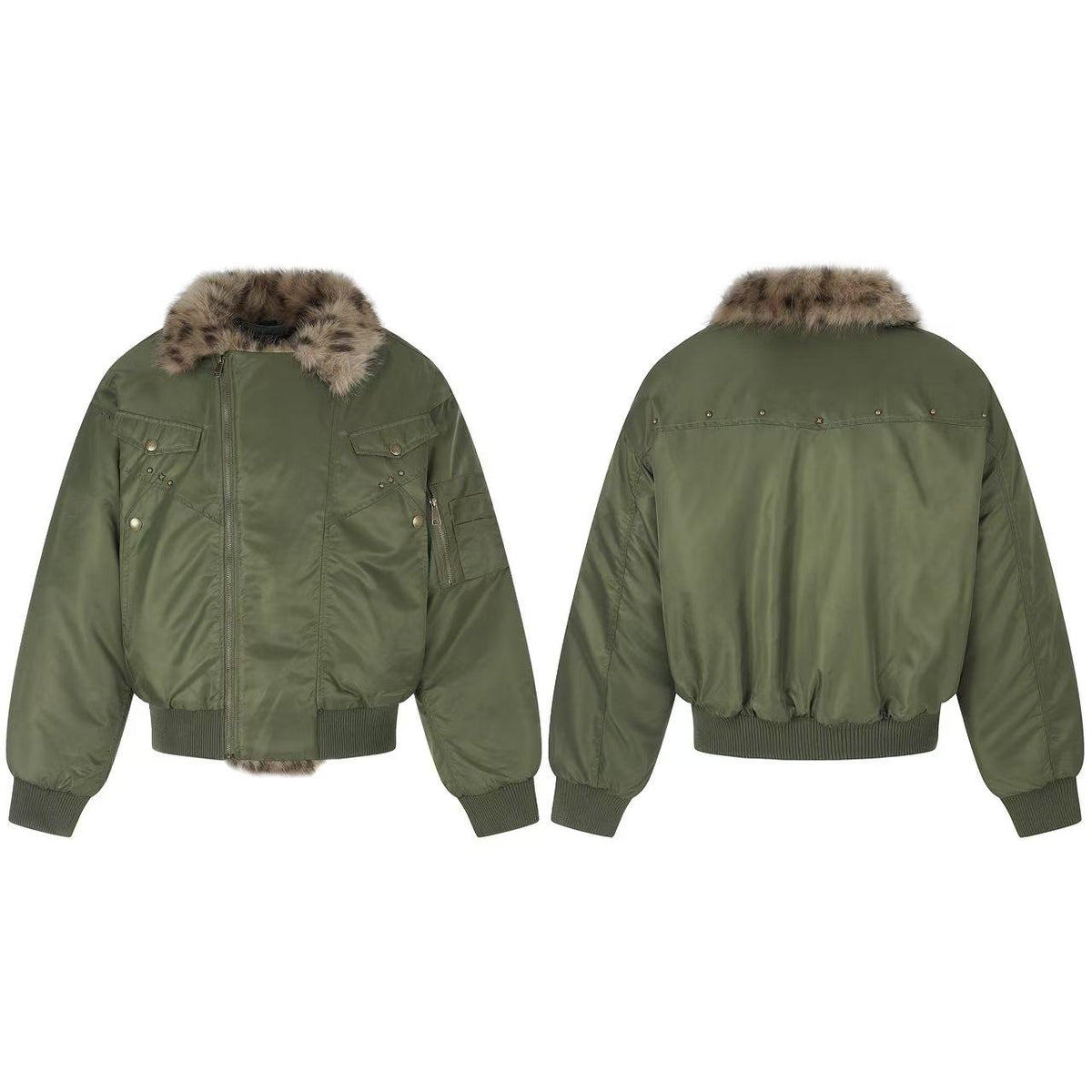 Olive Green Asymmetrical Zip Faux Leopard Fur Collar Bomber Jacket