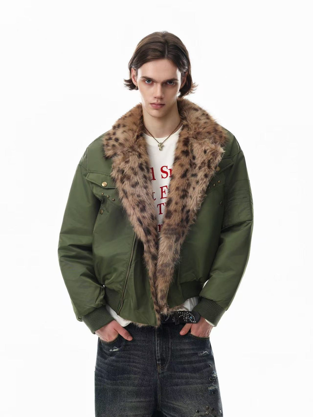 Olive Green Asymmetrical Zip Faux Leopard Fur Collar Bomber Jacket