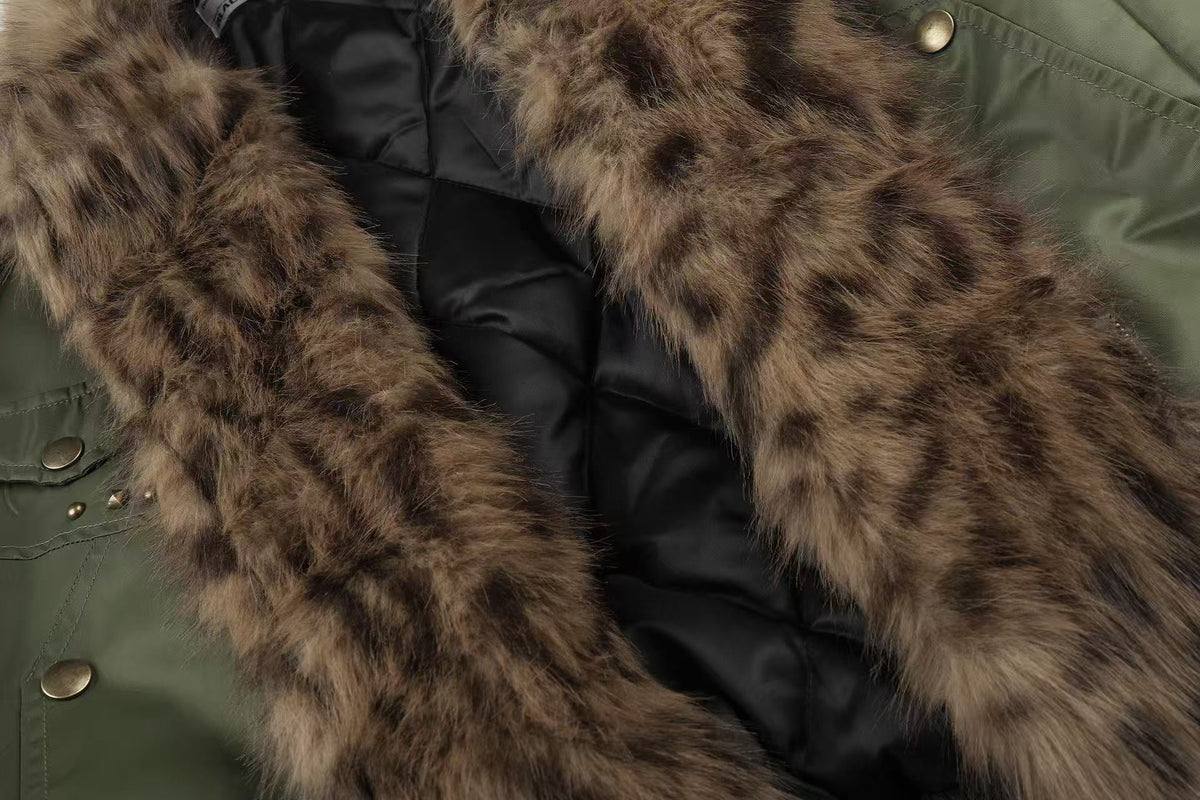 Olive Green Asymmetrical Zip Faux Leopard Fur Collar Bomber Jacket