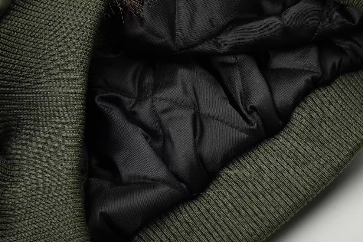 Olive Green Asymmetrical Zip Faux Leopard Fur Collar Bomber Jacket