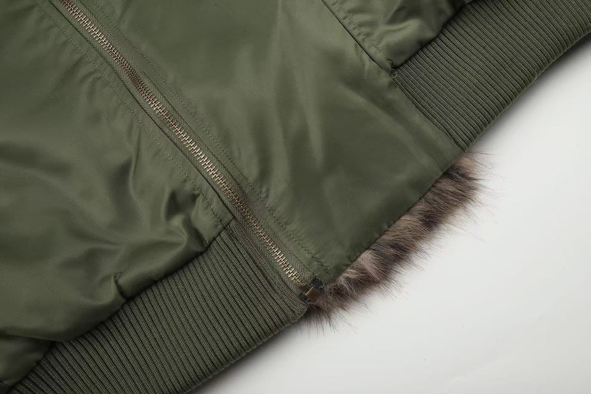 Olive Green Asymmetrical Zip Faux Leopard Fur Collar Bomber Jacket