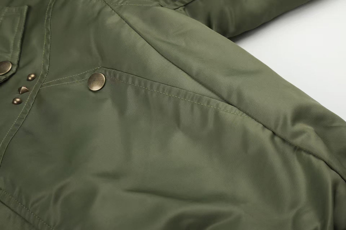 Olive Green Asymmetrical Zip Faux Leopard Fur Collar Bomber Jacket