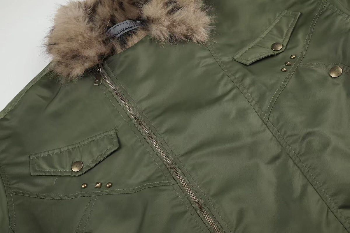 Olive Green Asymmetrical Zip Faux Leopard Fur Collar Bomber Jacket