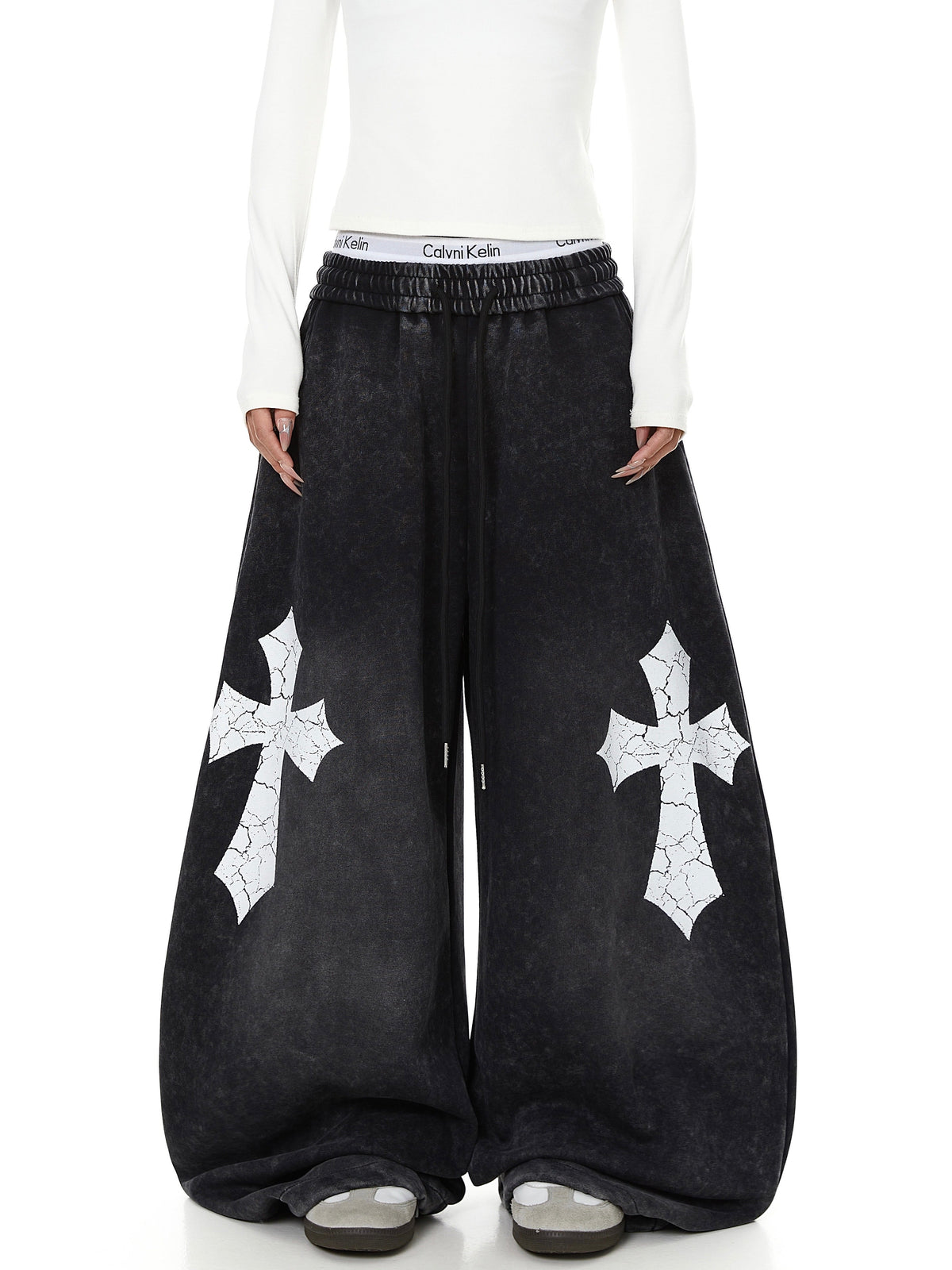 Washed Cracked Cross Baggy Wide-Leg Sweatpants