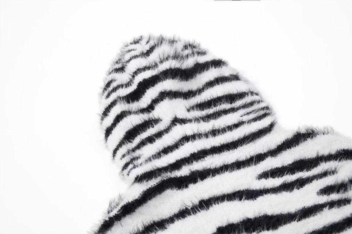 Zebra Stripe Fuzzy Zip Up Hooded