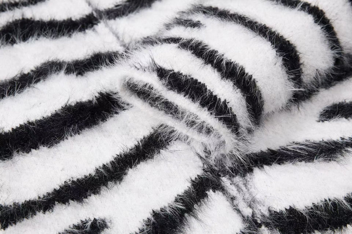 Zebra Stripe Fuzzy Zip Up Hooded