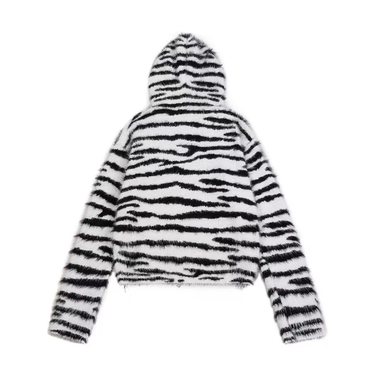 Zebra Stripe Fuzzy Zip Up Hooded