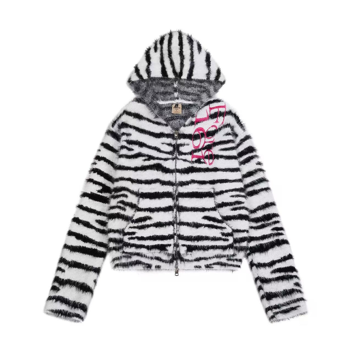 Zebra Stripe Fuzzy Zip Up Hooded