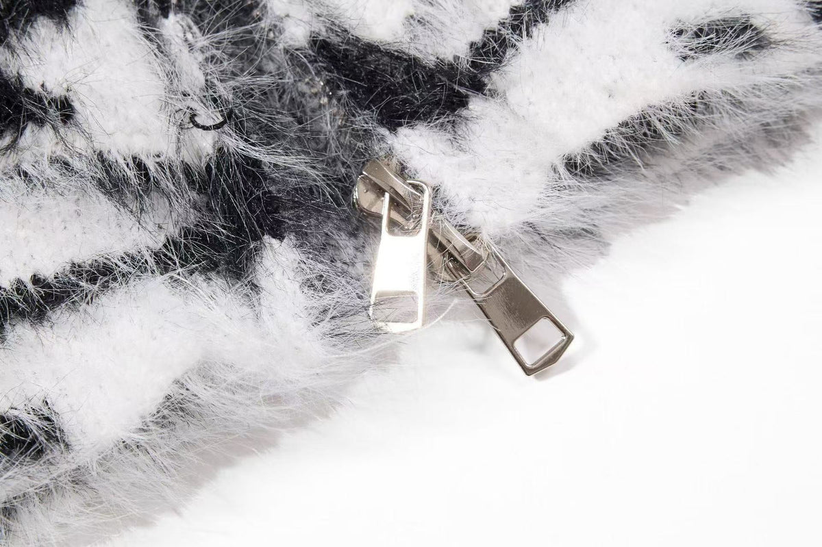 Zebra Stripe Fuzzy Zip Up Hooded