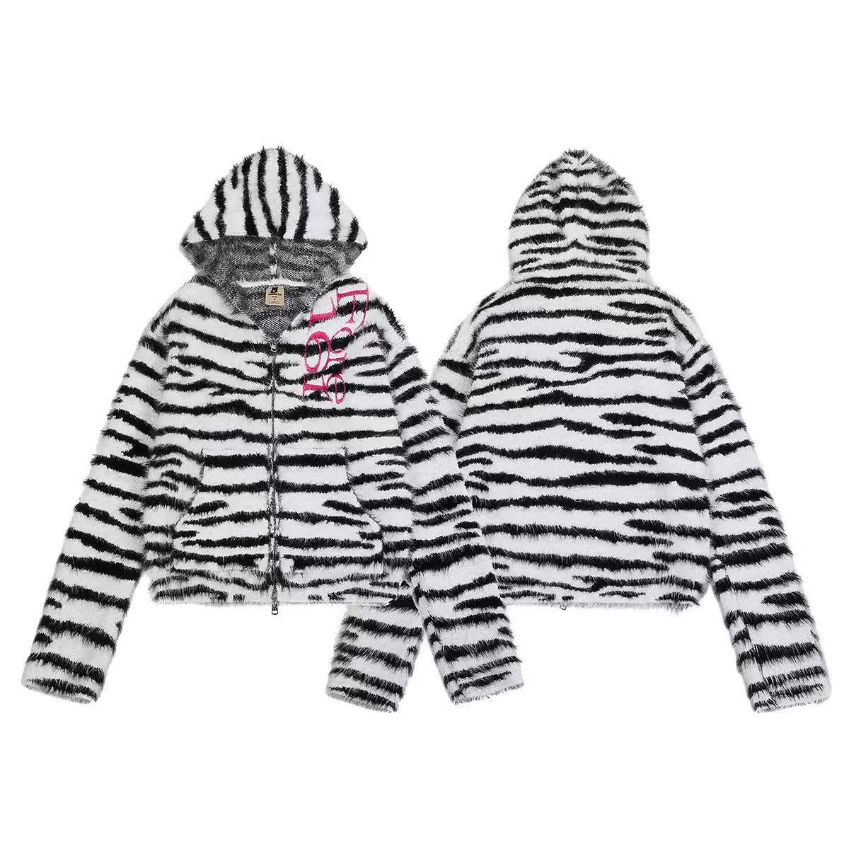 Zebra Stripe Fuzzy Zip Up Hooded