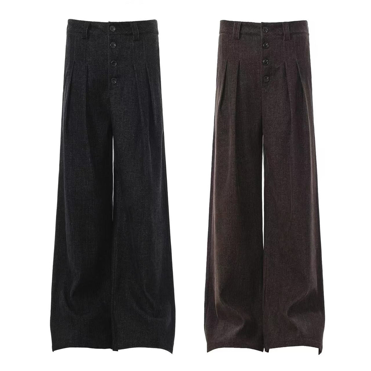 High Waist Button Front Pleated Wide Leg Wool Blend Suit Pants