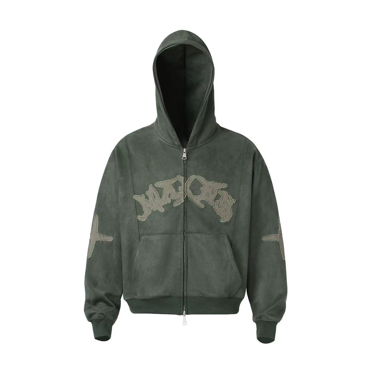 Vintage Suede Letter Embroidery Zip-Up Hoodie