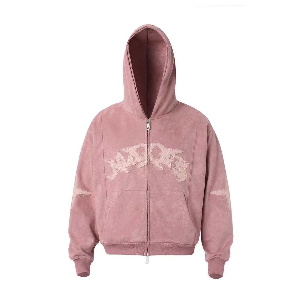 Vintage Suede Letter Embroidery Zip-Up Hoodie