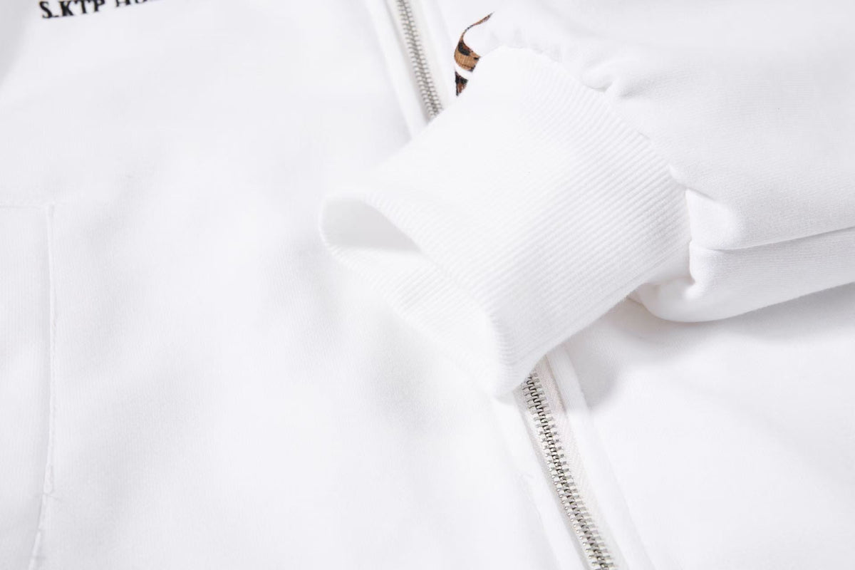 Cropped Crest Embroidered Leopard Striped Sleeve Varsity Zip Up Hooded Jacket