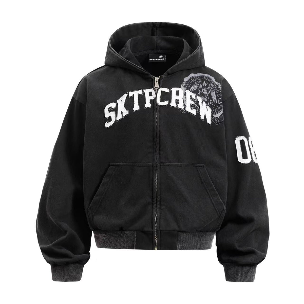 Cropped Chenille Letter Zip Up Hooded Jacket