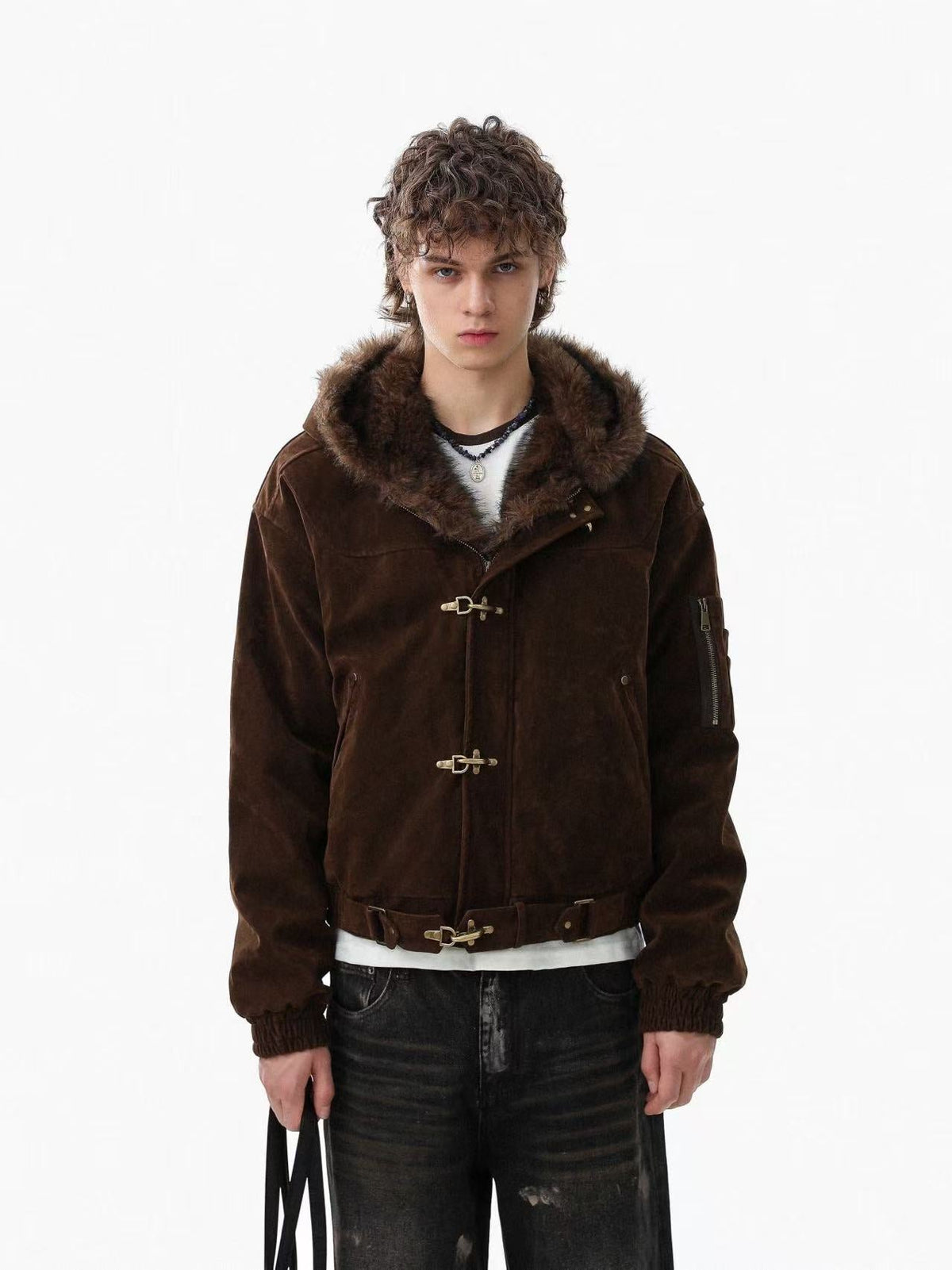 Vintage Metal Toggle Buckle Suede Fleece Lined Hooded Jacket