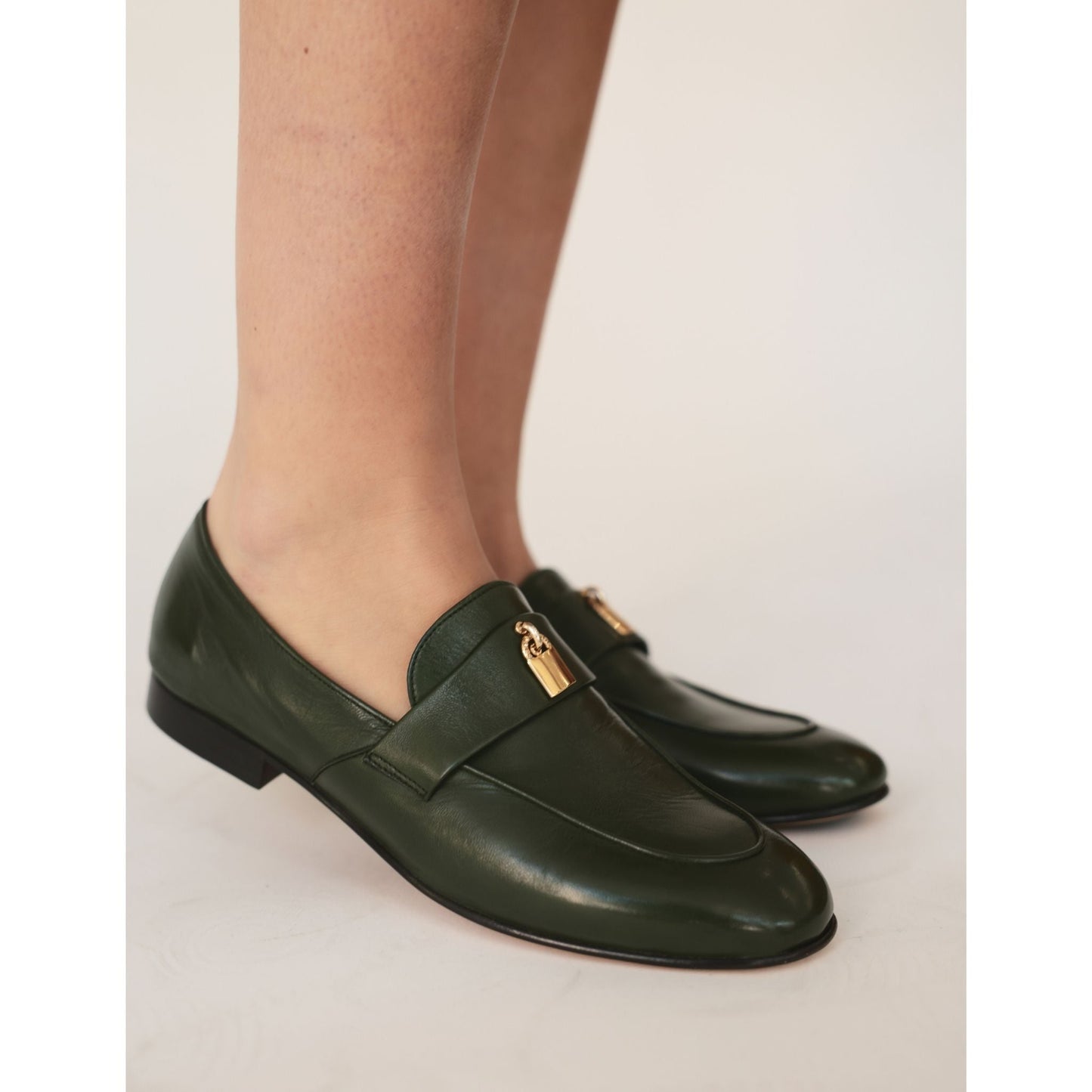 Black Leather Lock Flat Loafer