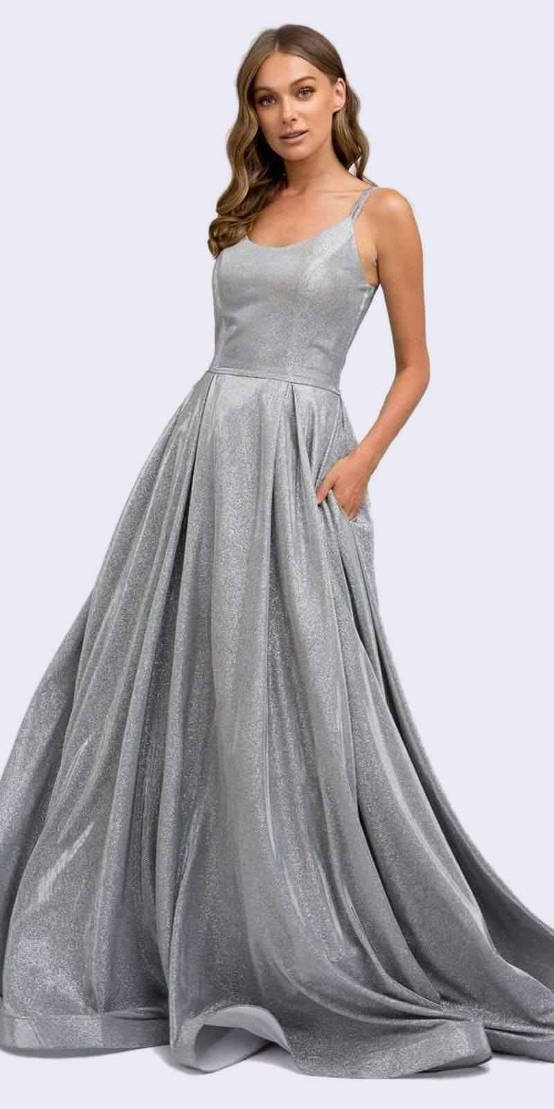 Juliet 206 Long A-Line Glitter Gown Side Pockets