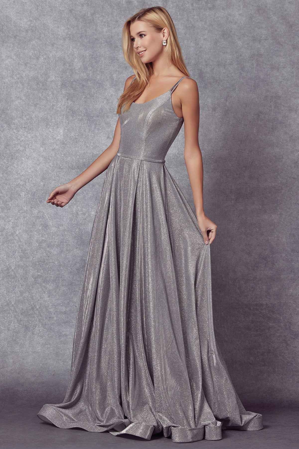 Juliet 206 Long A-Line Glitter Gown Side Pockets